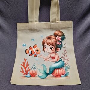 Kids Beige Mermaid Tote Bag with Aqua Mermaid Print